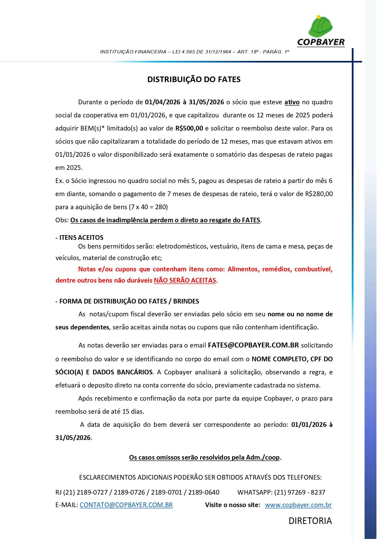 DISTRIBUIÇÃO DE FATES 2026